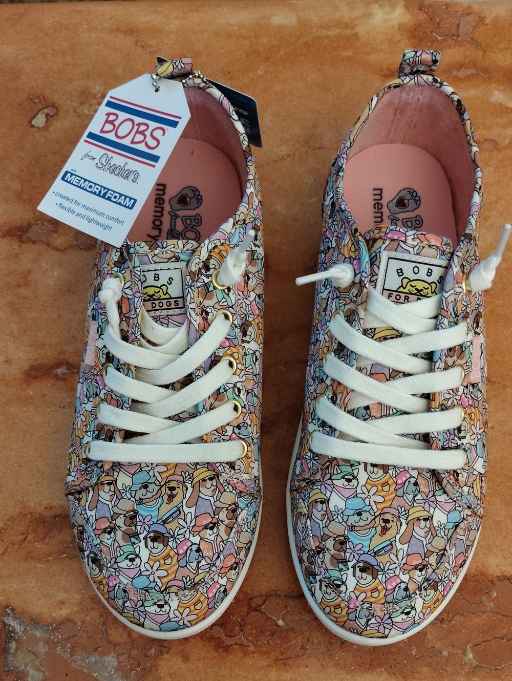 Skechers BOBS Floral Pup Print Lace-Up Sneakers in Pastel Pink & Cream Dog Lover